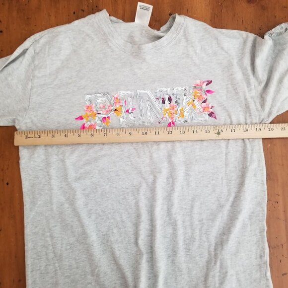 Victoria Secret PINK Bling Sequin Gray floral print long sleeve tshirt, Sz Small - Picture 9 of 12